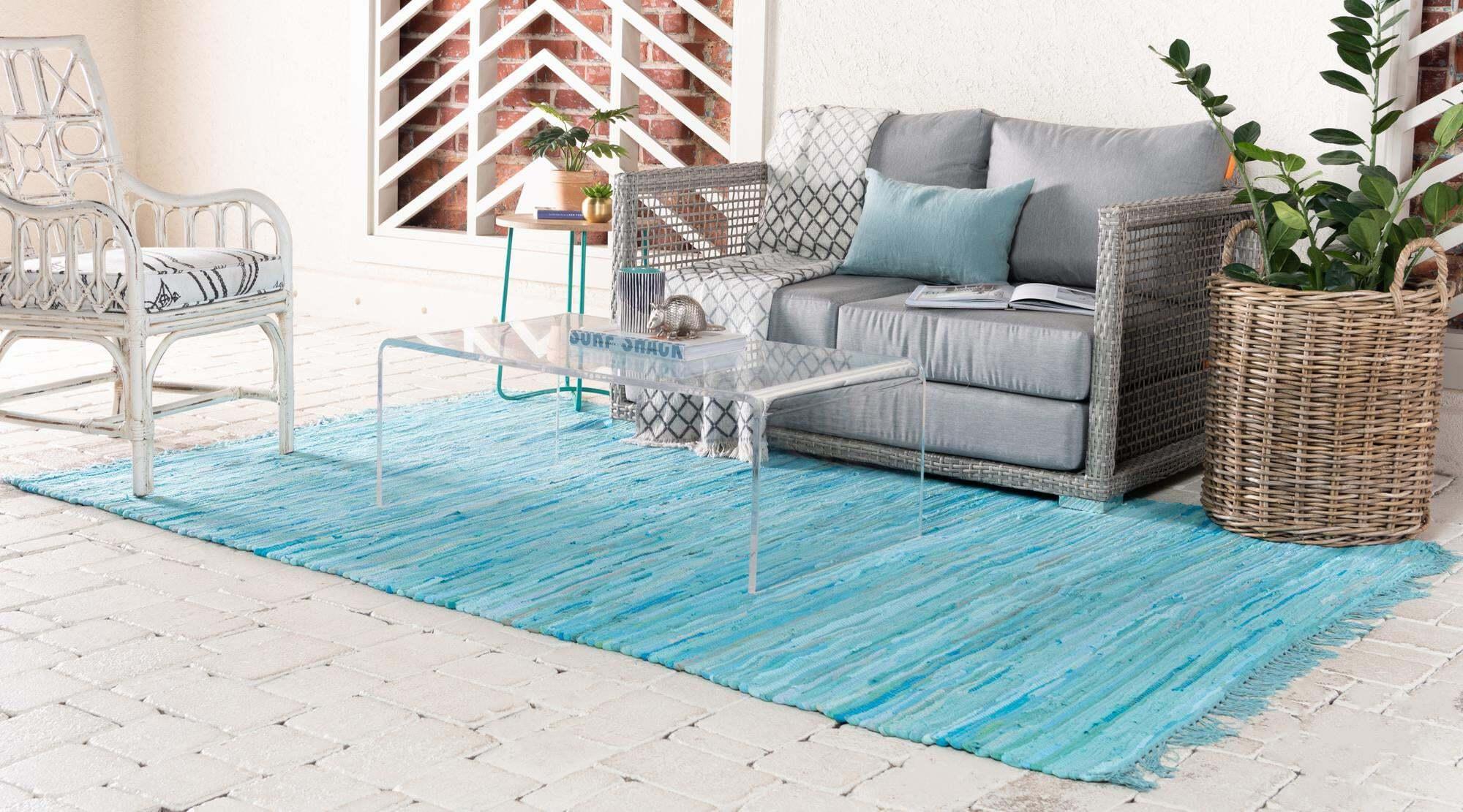 Unique Loom Indoor Rugs - Chindi Cotton Geometric Rectangular 8x10 Rug Turquoise & Ivory