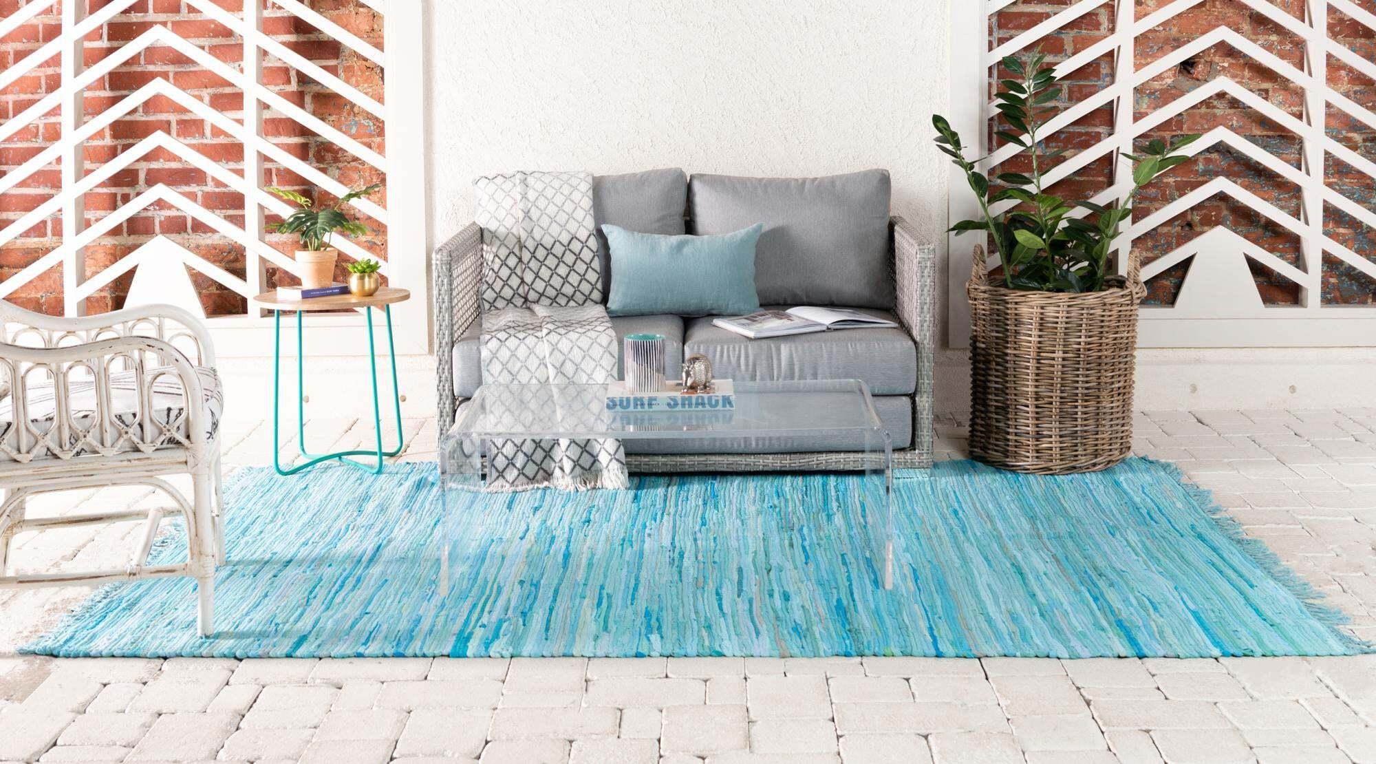 Unique Loom Indoor Rugs - Chindi Cotton Geometric Rectangular 8x10 Rug Turquoise & Ivory