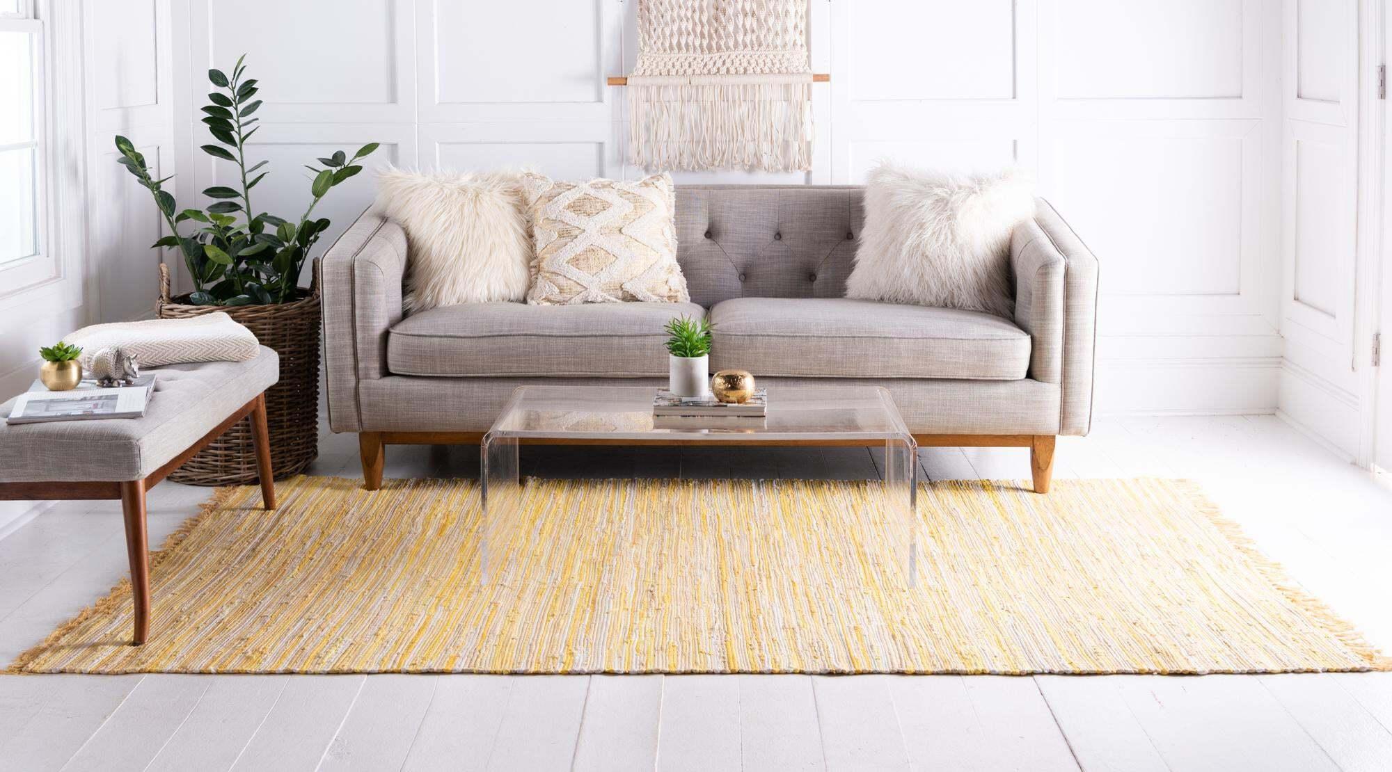 Unique Loom Indoor Rugs - Chindi Cotton Geometric Rectangular 8x10 Rug Yellow & Ivory