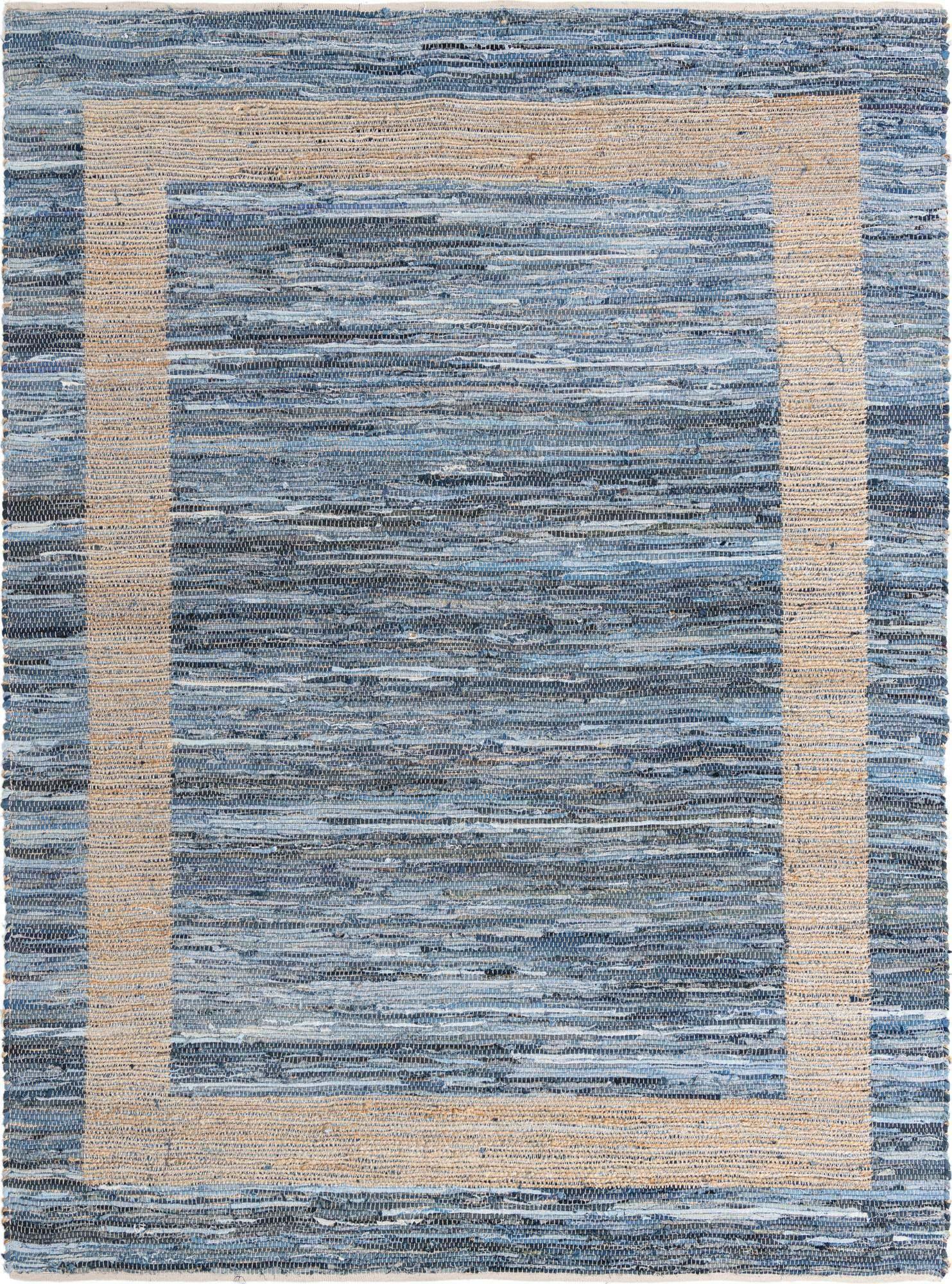 Unique Loom Indoor Rugs - Chindi Jute Border Rectangular 9x12 Rug Navy Blue & Natural