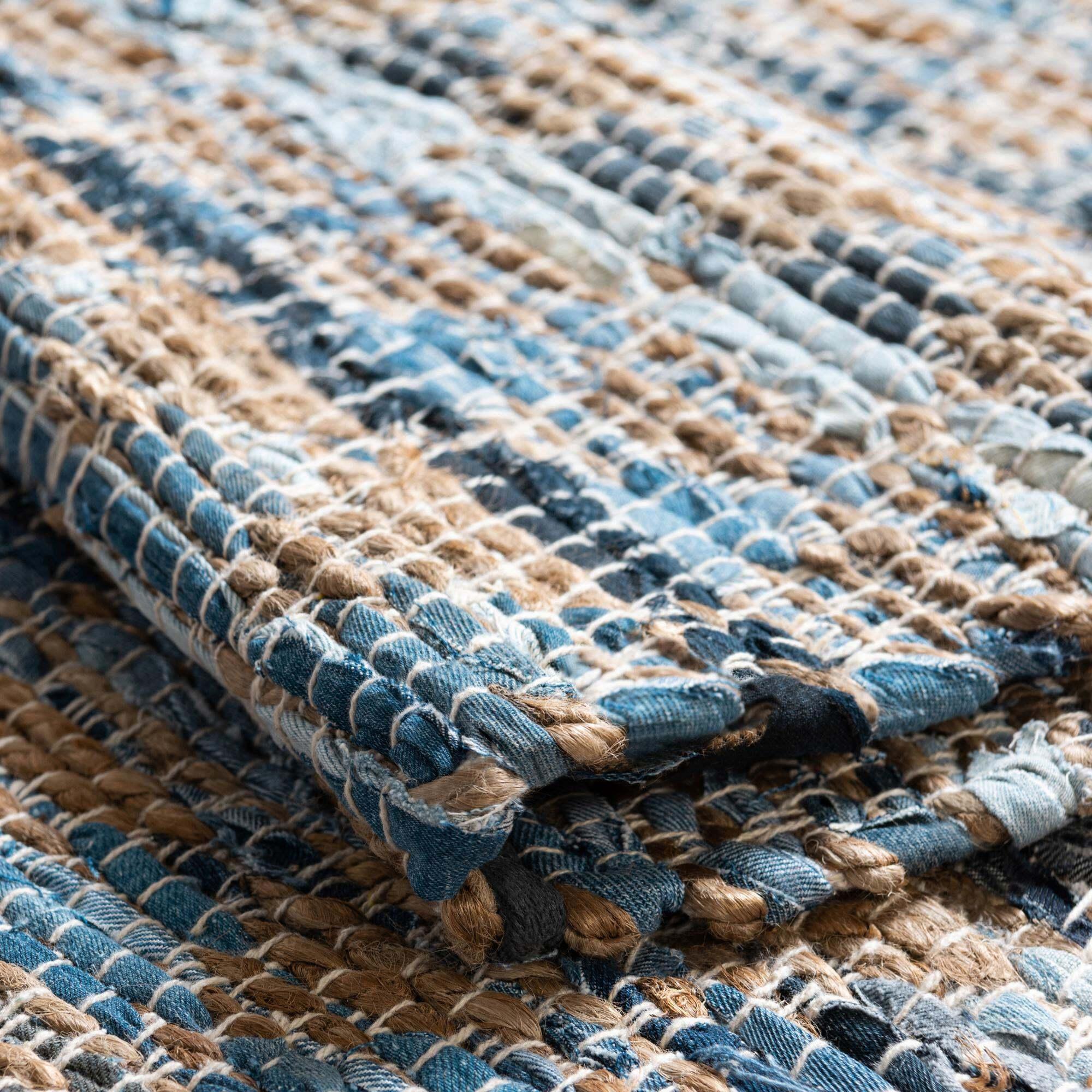 Unique Loom Indoor Rugs - Chindi Jute Geometric Rectangular 9x12 Rug Blue & Natural