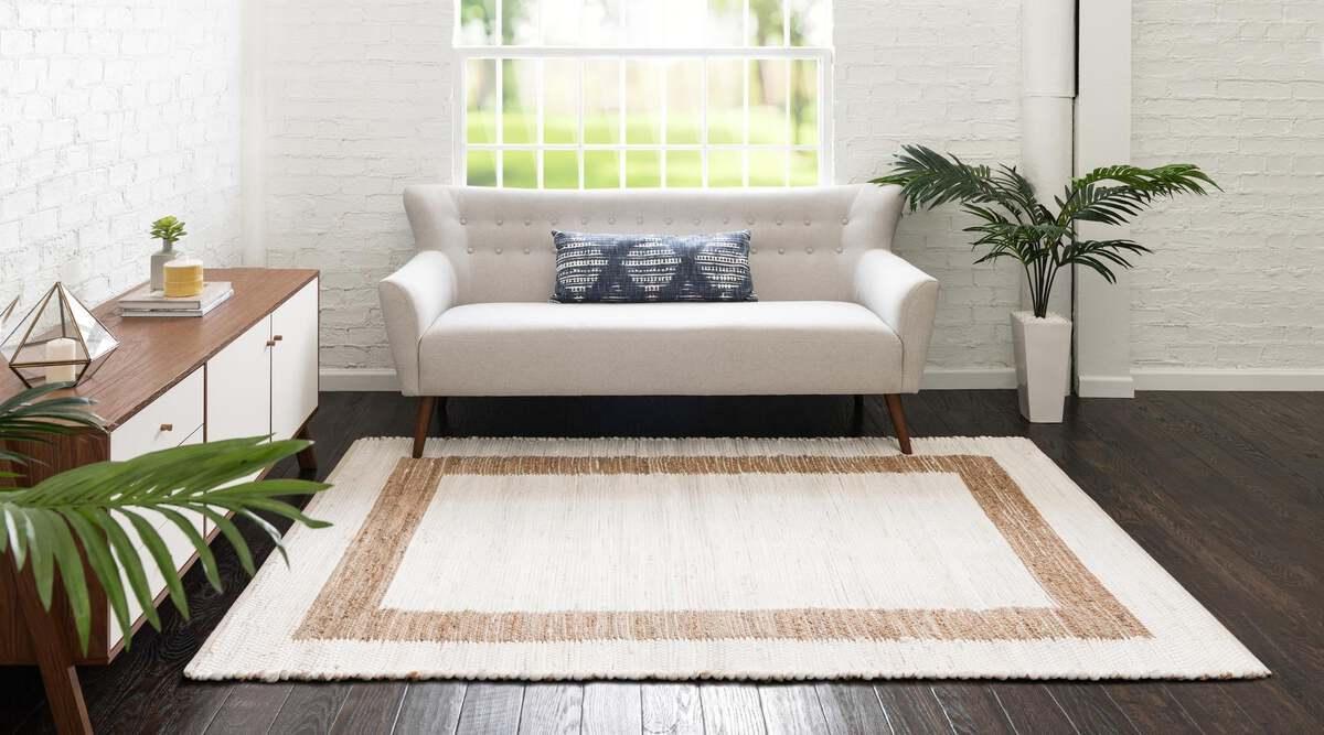 Unique Loom Indoor Rugs - Chindi Jute Modern 10x14 Rectangular Rug White/Natural