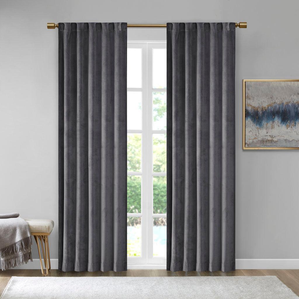 Olliix.com Curtains - Colt 63" Room Darkening Poly Velvet Rod Pocket Back Tab Window Panel Pair Charcoal