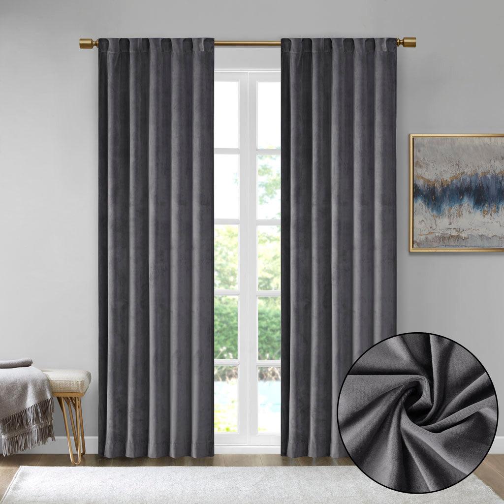 Olliix.com Curtains - Colt 63" Room Darkening Poly Velvet Rod Pocket Back Tab Window Panel Pair Charcoal