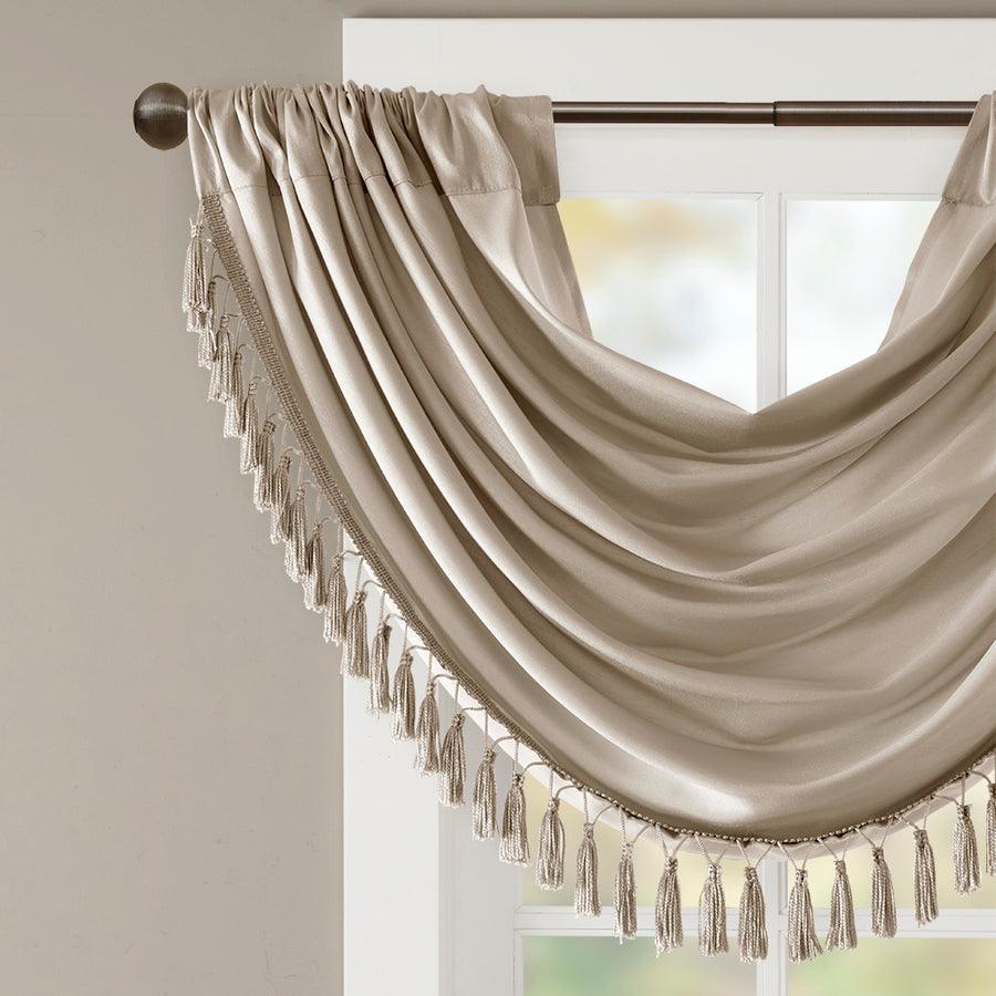 Olliix.com Curtains - Elena Traditional Faux Silk Waterfall Embellished Valance 38"W x 46"L Champagne