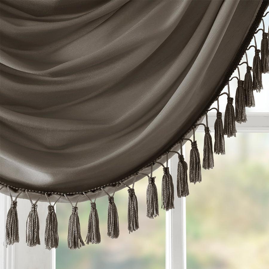 Olliix.com Curtains - Elena Traditional Faux Silk Waterfall Embellished Valance 38"W x 46"L Pewter