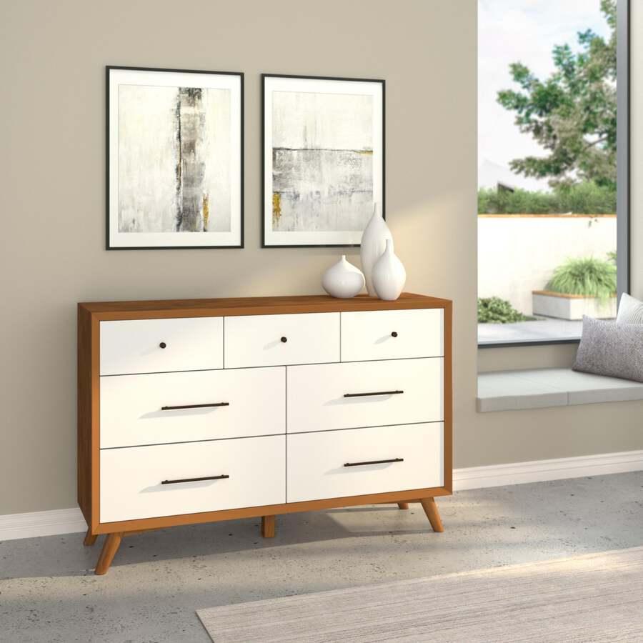 Alpine Furniture Dressers - Flynn 7 Drawer Two Tone Dresser, Acorn/White