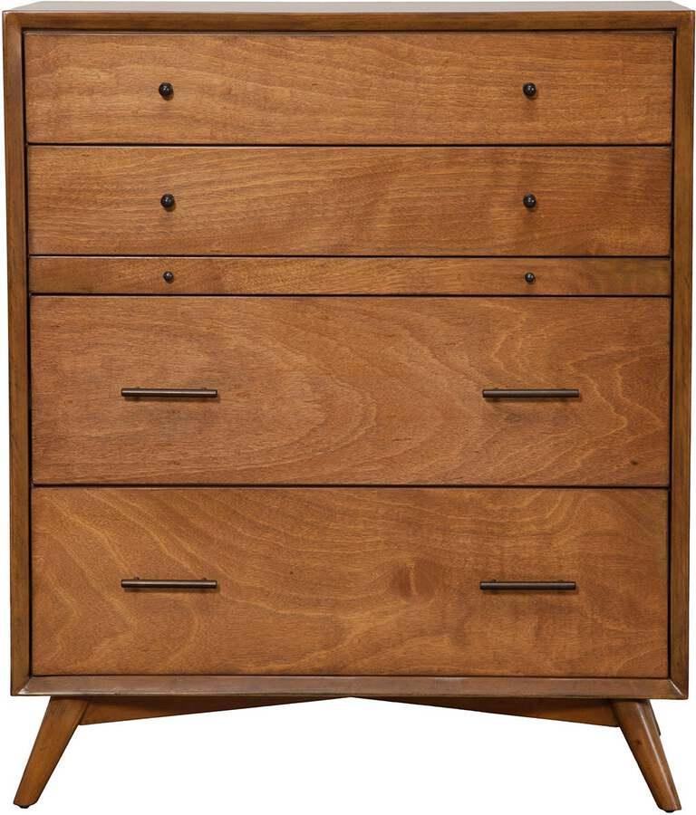 Alpine Furniture Dressers - Flynn Mid Century Modern 4 Drawer Multifunction Chest w/Pull Out Tray Acorn