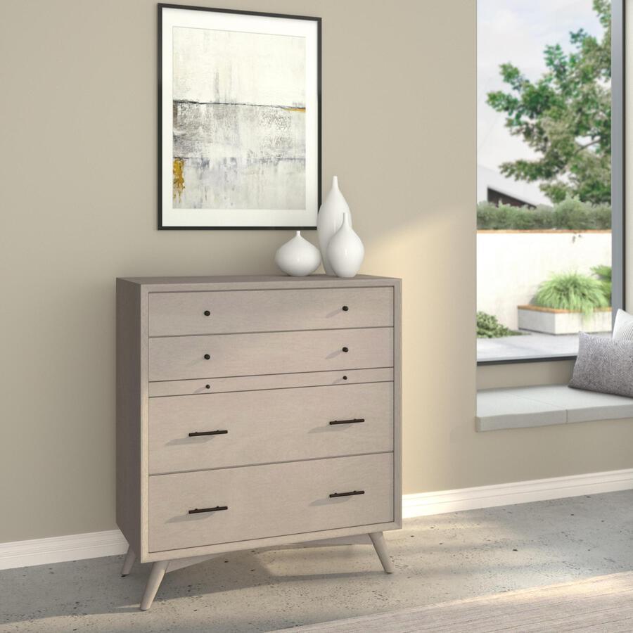 Alpine Furniture Dressers - Flynn Mid Century Modern 4 Drawer Multifunction Chest w/Pull Out Tray Gray