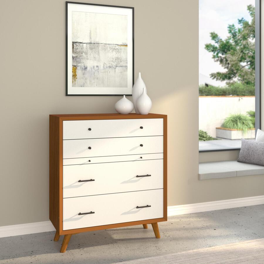 Alpine Furniture Dressers - Flynn Mid Century Modern 4 Drawer Two Tone Multifunction Chest w/Pull Out Tray Acorn/White