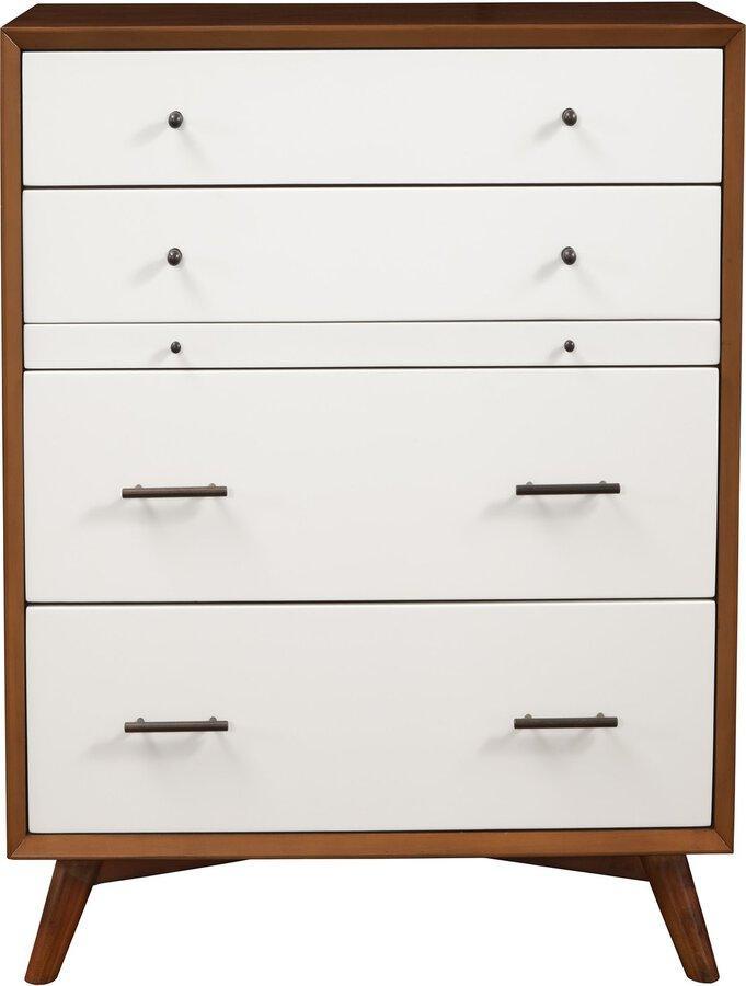 Alpine Furniture Dressers - Flynn Mid Century Modern 4 Drawer Two Tone Multifunction Chest w/Pull Out Tray Acorn/White