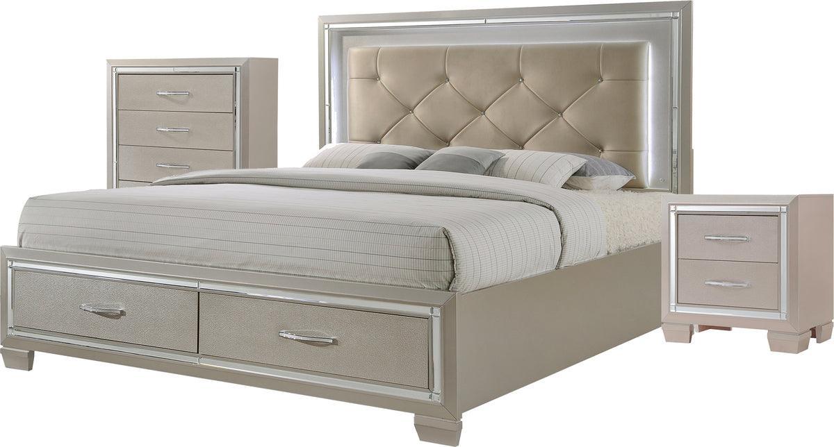 Elements Bedroom Sets - Glamour Queen Platform Storage 3PC Bedroom Set Champagne