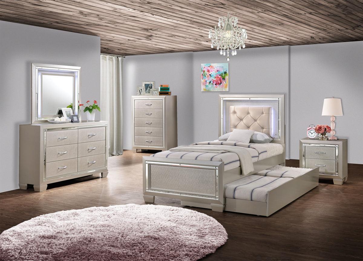 Elements Bedroom Sets - Glamour Youth Twin Platform w/ Trundle 3PC Bedroom Set Champagne