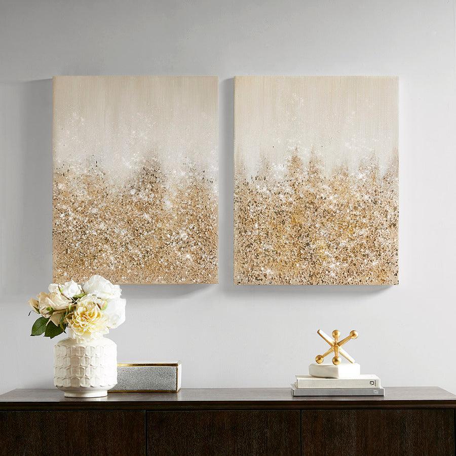 Olliix.com Wall Paintings - Glimmer 100% Hand Brush Heavy Textured Glitz Embellished Canvas 2 Piece Set Gold