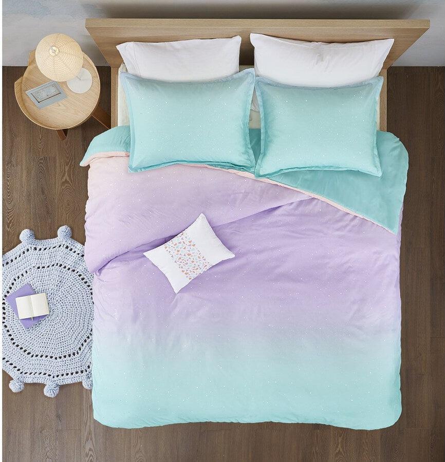 Olliix.com Duvet & Duvet Sets - Glimmer Full/Queen Metallic Glitter Printed Reversible Duvet Cover Set Aqua