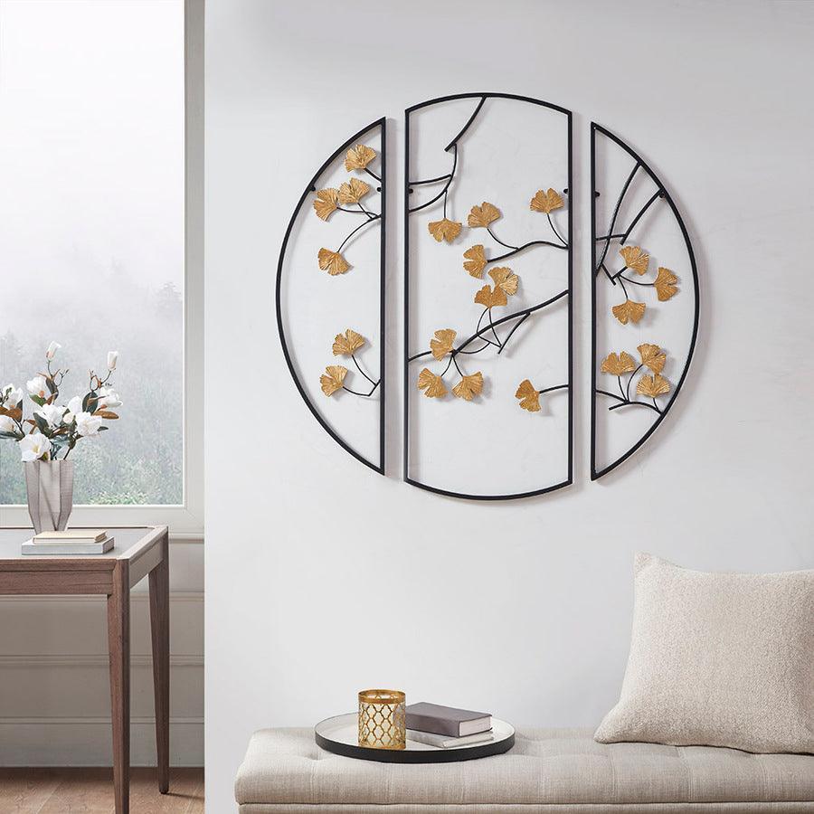 Olliix.com Wall Art - Golden Gingko Leaves Metal Wall Decor 3pc Set Black & Gold