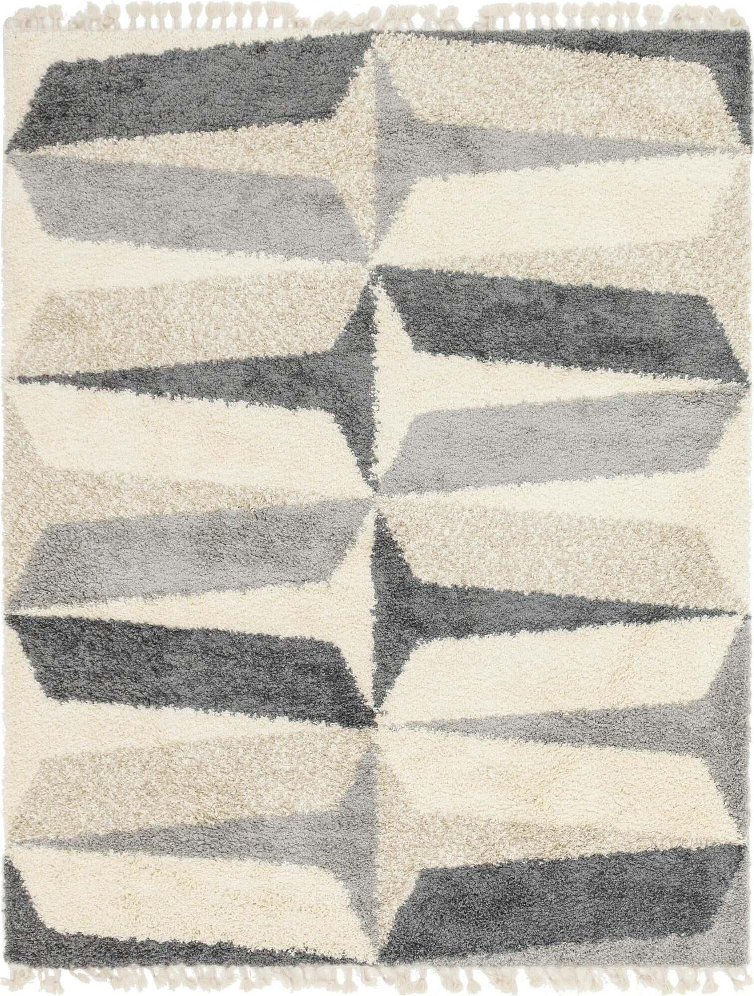 Unique Loom Indoor Rugs - Hygge Shag Geometric Rectangular 8x10 Rug Gray & Ivory