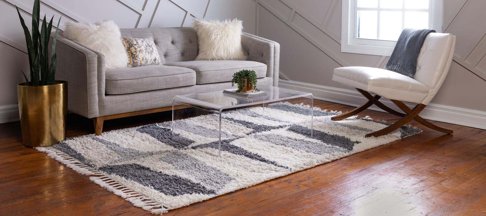 Unique Loom Indoor Rugs - Hygge Shag Geometric Rectangular 8x10 Rug Gray & Ivory