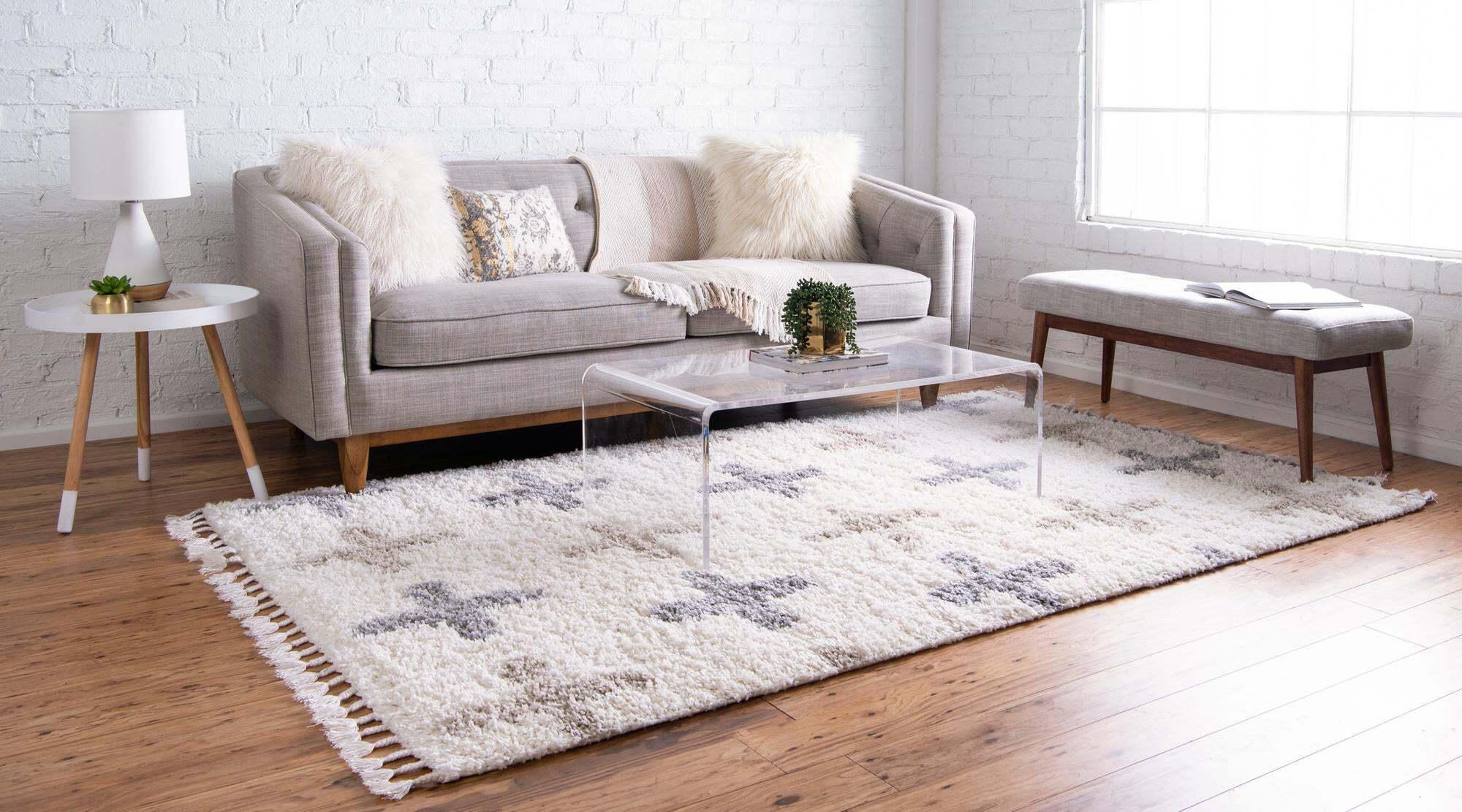 Unique Loom Indoor Rugs - Hygge Shag Geometric Rectangular 8x10 Rug Ivory & Tan