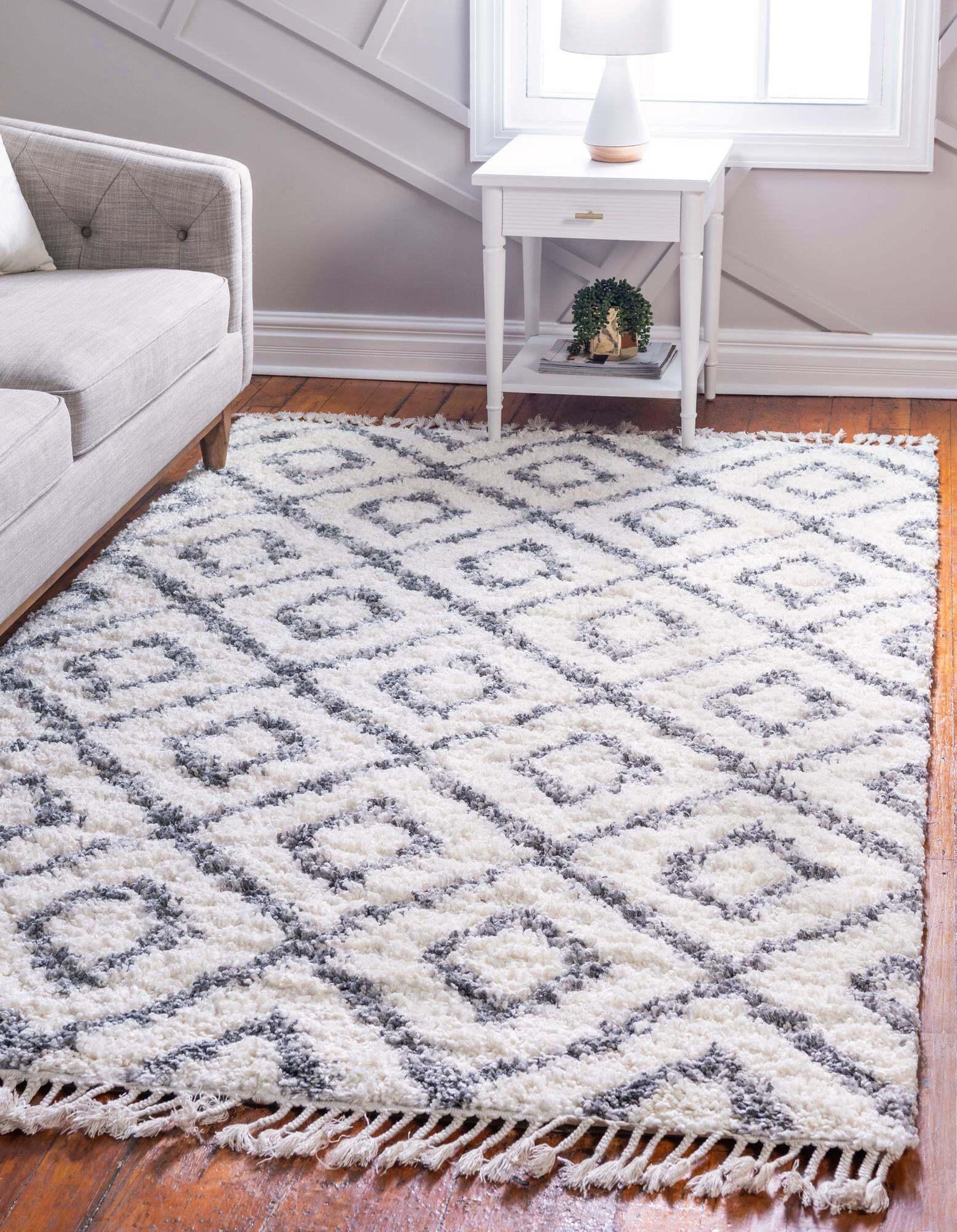 Unique Loom Indoor Rugs - Hygge Shag Geometric Rectangular 9x12 Rug Ivory & Gray