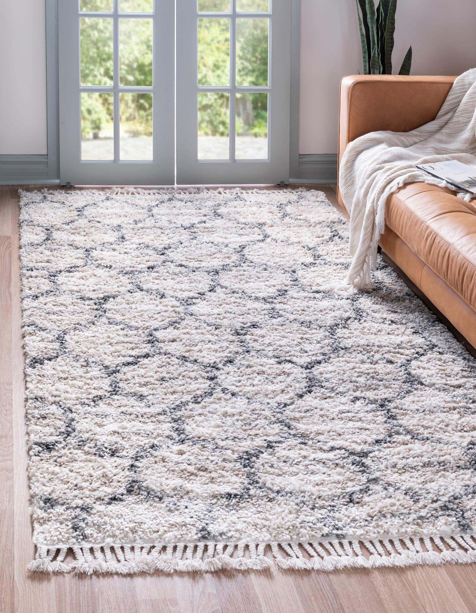 Unique Loom Indoor Rugs - Hygge Shag Trellis Rectangular 8x10 Rug Beige & Gray