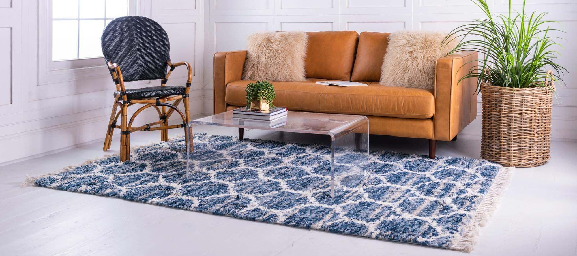 Unique Loom Indoor Rugs - Hygge Shag Trellis Rectangular 9x12 Rug Blue & Ivory