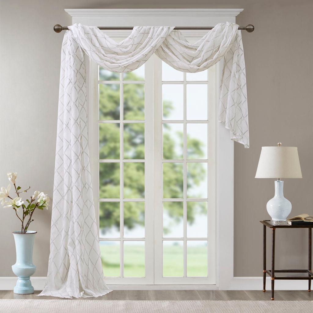 Olliix.com Curtains - Irina 144" Diamond Sheer Embroidered Window Scarf White & Gray