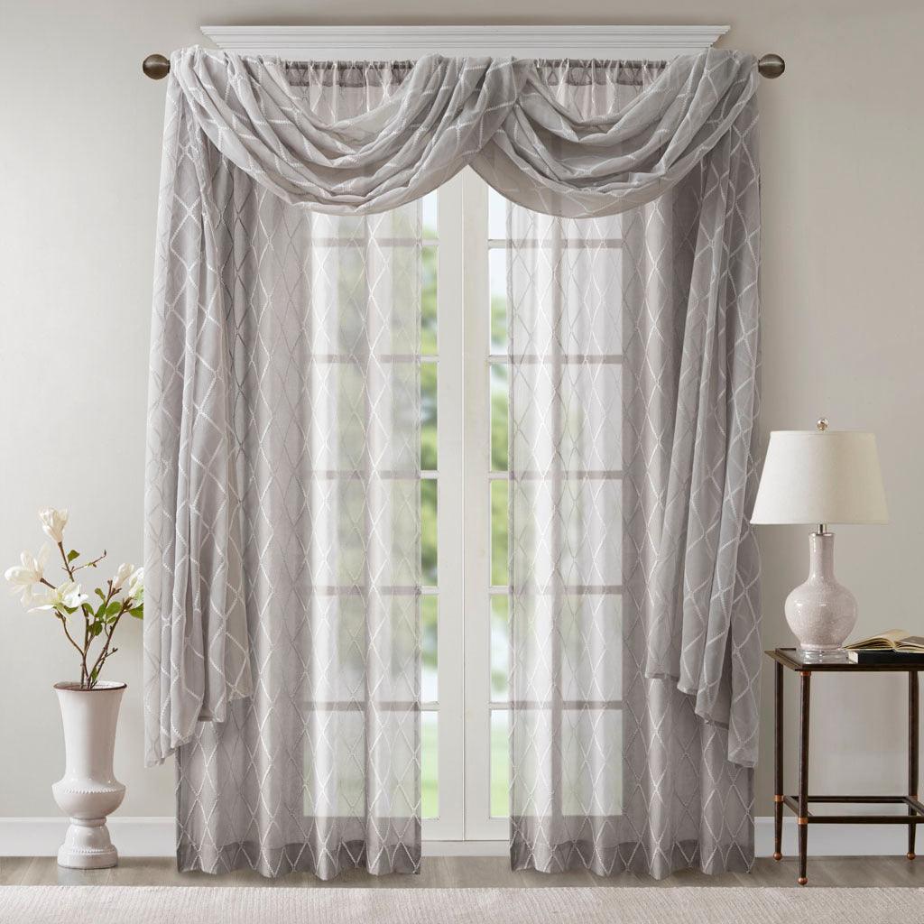 Olliix.com Curtains - Irina 216" Diamond Sheer Embroidered Window Scarf Gray