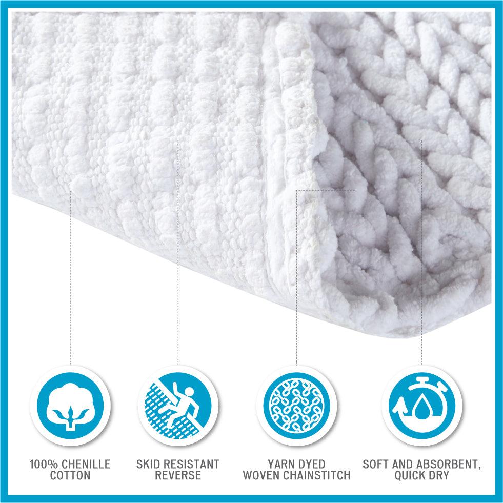 Madison Park Lasso 100% Cotton Chenille Chain Woven Stitch Bathroom Rug -  Non Slip - Absorbent, Quick Dry Bath Mat