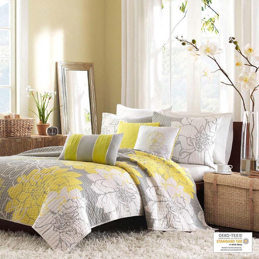 Olliix.com Comforters & Blankets - Lola Full/Queen 6 Piece Reversible Cotton Printed Coverlet Set Yellow