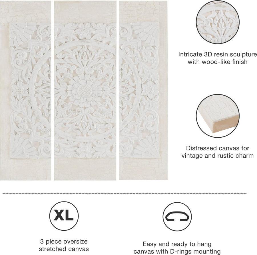 Olliix.com Wall Art - Mandala 3D Embellished Canvas 3 Piece Set Offwhite