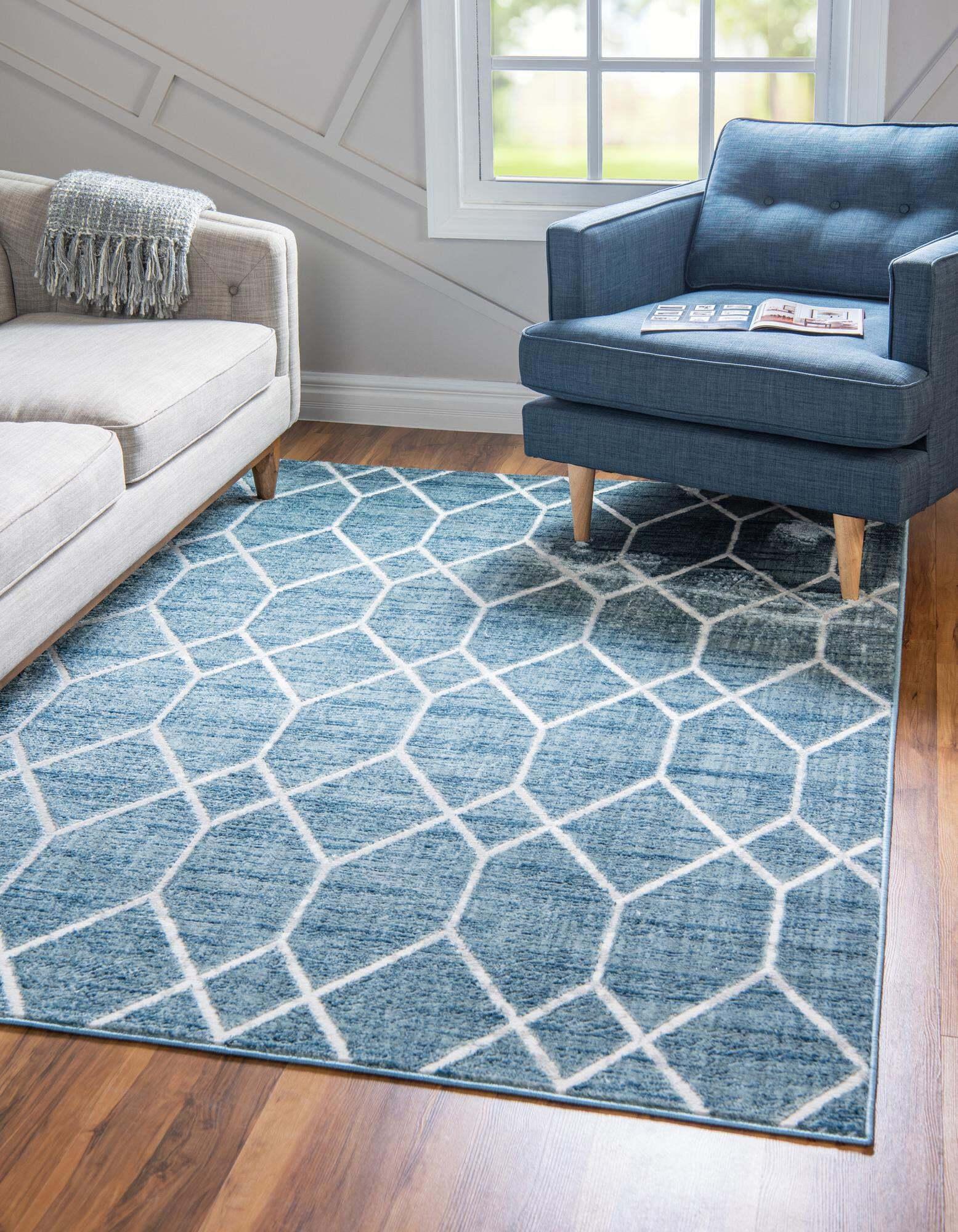 Unique Loom Indoor Rugs - Matrix Trellis Geometric Rectangular 8x10 Rug Blue & Ivory