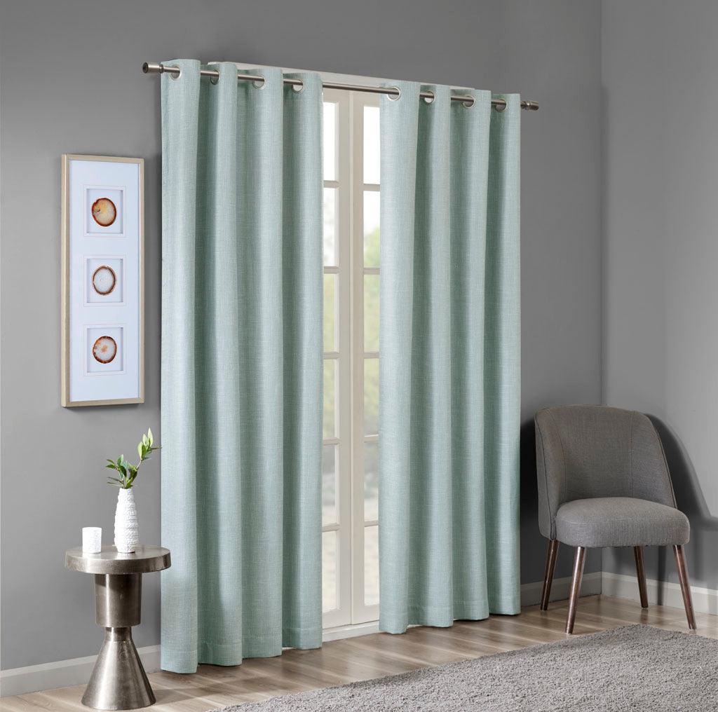 Olliix.com Curtains - Maya 54 H Printed Heathered Blackout Grommet Top Curtain Panel Aqua