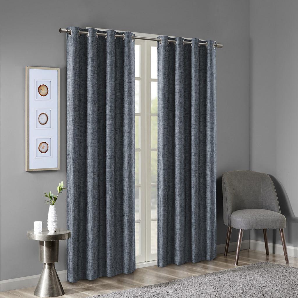 Olliix.com Curtains - Maya 54 H Printed Heathered Blackout Grommet Top Curtain Panel Navy