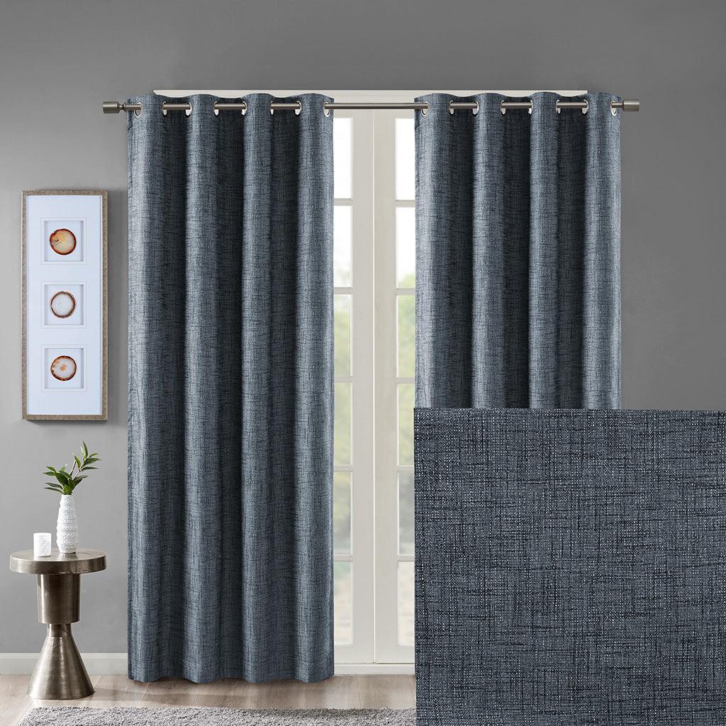 Olliix.com Curtains - Maya 54 H Printed Heathered Blackout Grommet Top Curtain Panel Navy