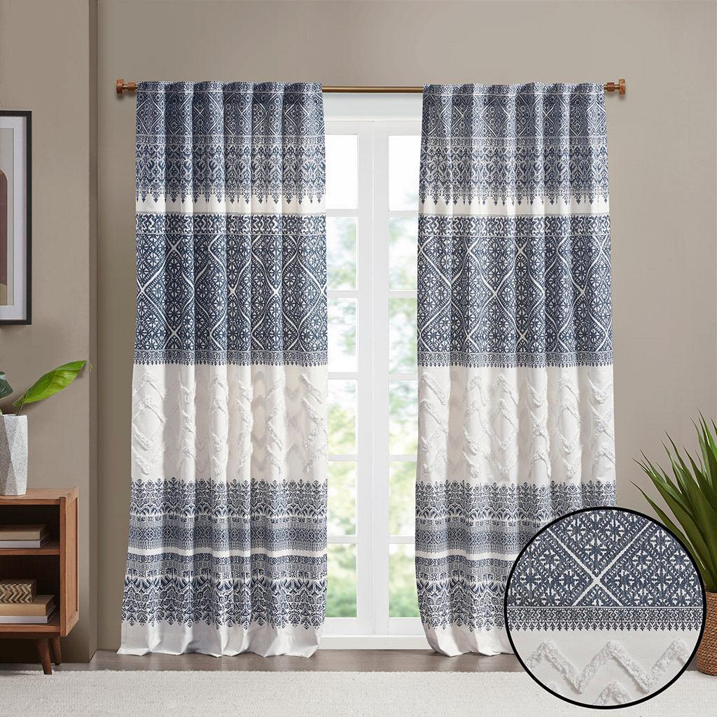 Olliix.com Curtains - Mila 84" Cotton Printed Window Panel with Chenille detail and Lining Navy