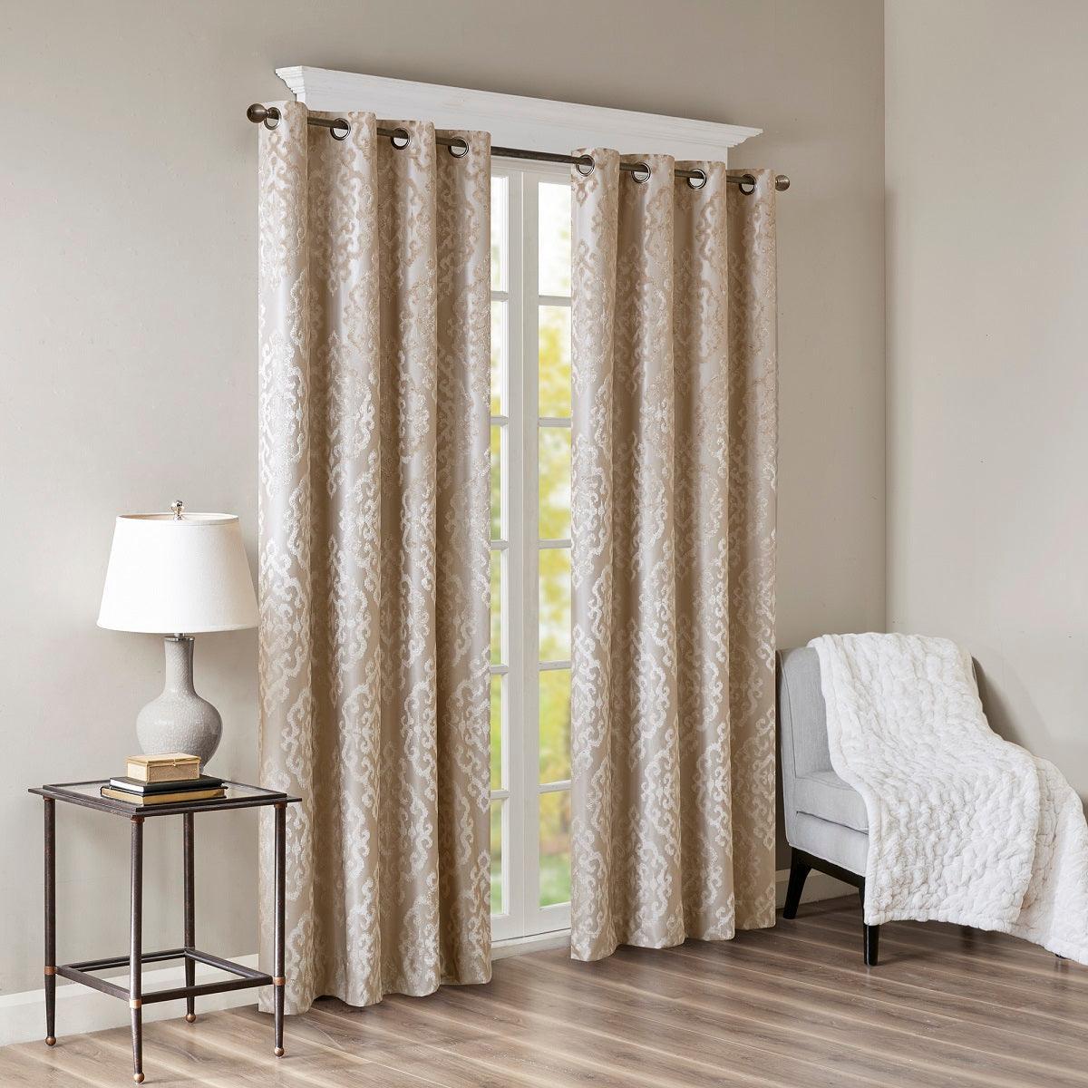 Olliix.com Curtains - Mirage 108 H Knitted Jacquard Damask Total Blackout Grommet Top Curtain Panel Champagne