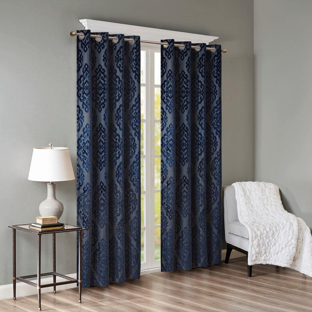 Olliix.com Curtains - Mirage 108 H Knitted Jacquard Damask Total Blackout Grommet Top Curtain Panel Navy