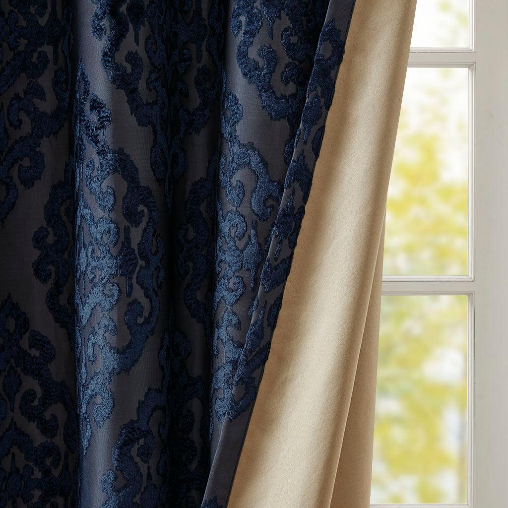 Olliix.com Curtains - Mirage 108 H Knitted Jacquard Damask Total Blackout Grommet Top Curtain Panel Navy