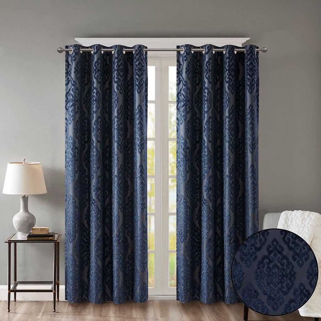 Olliix.com Curtains - Mirage 108 H Knitted Jacquard Damask Total Blackout Grommet Top Curtain Panel Navy