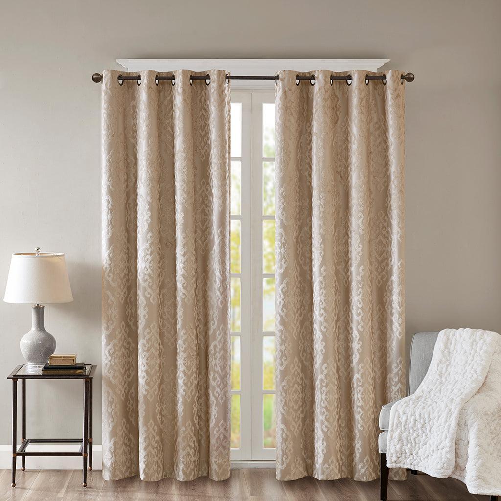 Olliix.com Curtains - Mirage 84 H Knitted Jacquard Damask Total Blackout Grommet Top Curtain Panel Champagne