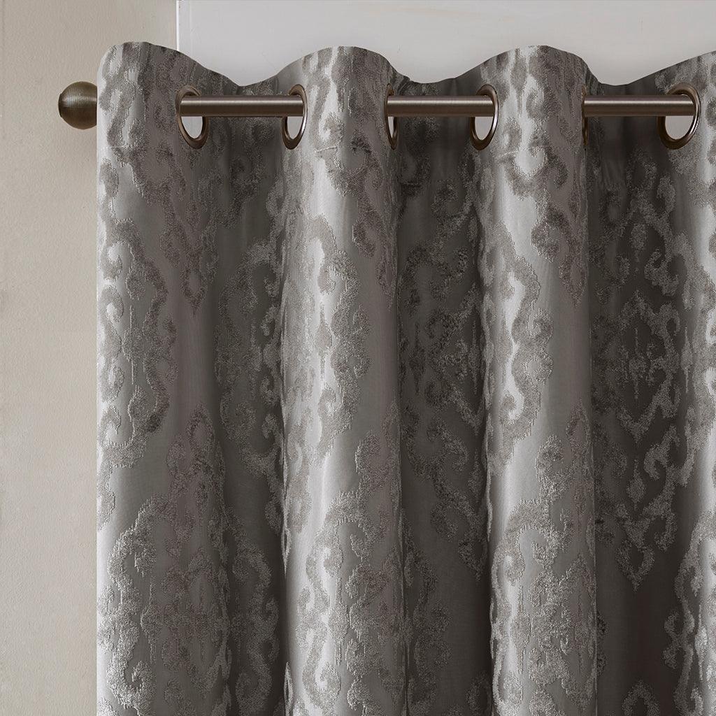 Olliix.com Curtains - Mirage 84 H Knitted Jacquard Damask Total Blackout Grommet Top Curtain Panel Charcoal