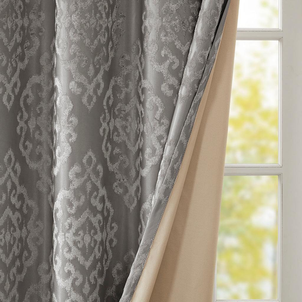 Olliix.com Curtains - Mirage 84 H Knitted Jacquard Damask Total Blackout Grommet Top Curtain Panel Charcoal