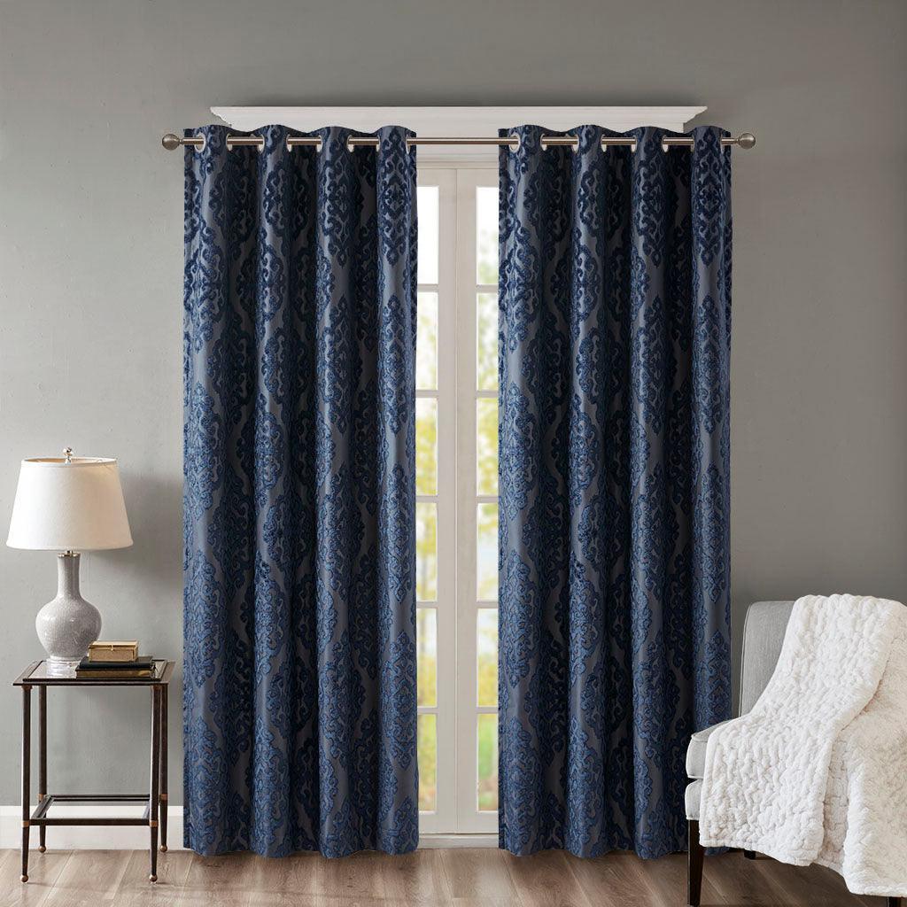 Olliix.com Curtains - Mirage 84 H Knitted Jacquard Damask Total Blackout Grommet Top Curtain Panel Navy