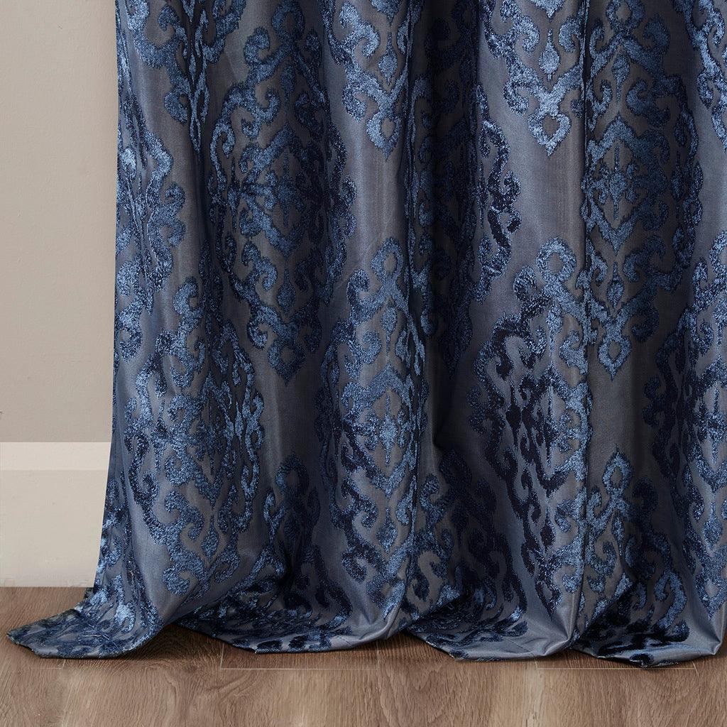 Olliix.com Curtains - Mirage 84 H Knitted Jacquard Damask Total Blackout Grommet Top Curtain Panel Navy