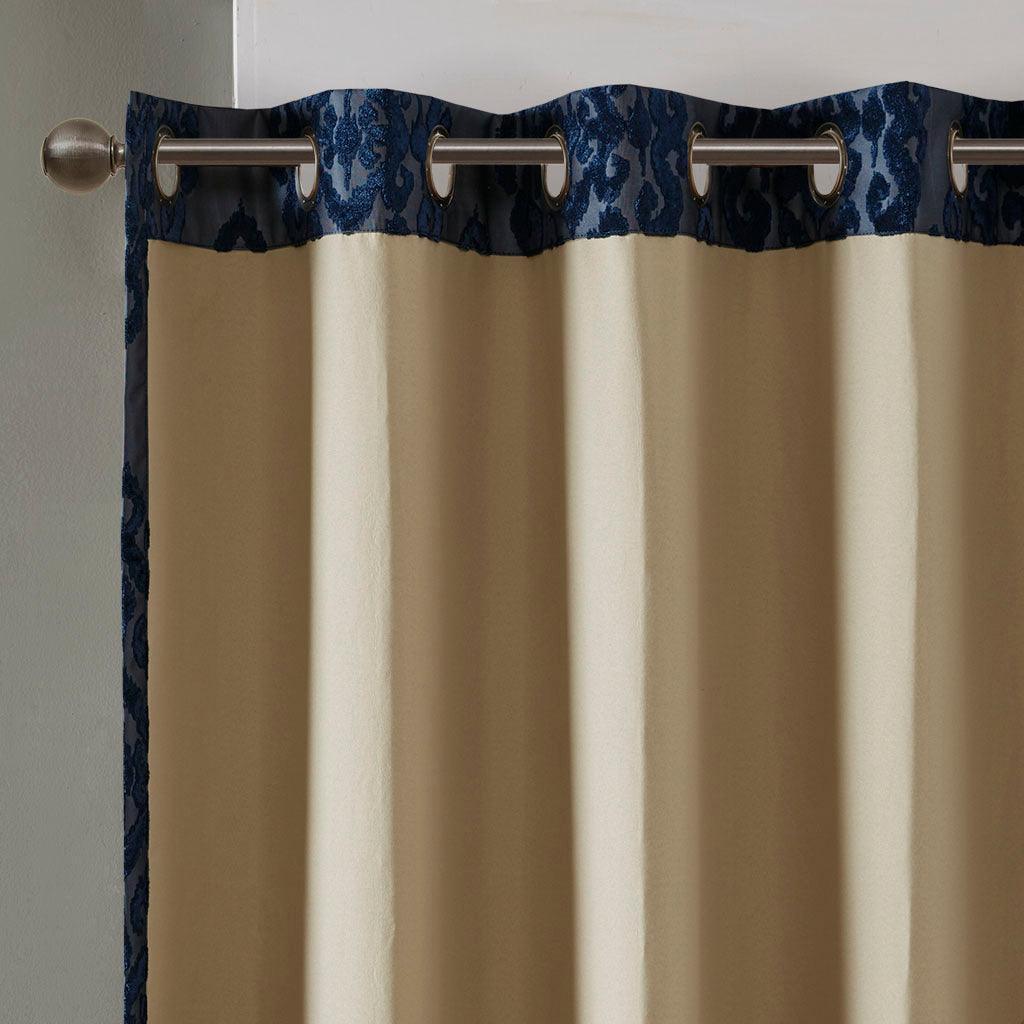 Olliix.com Curtains - Mirage 84 H Knitted Jacquard Damask Total Blackout Grommet Top Curtain Panel Navy