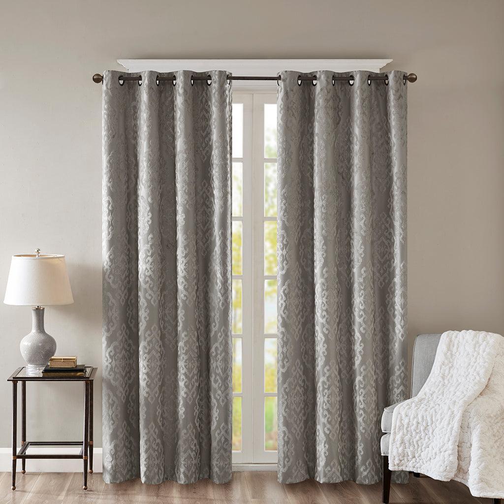 Olliix.com Curtains - Mirage 95 H Knitted Jacquard Damask Total Blackout Grommet Top Curtain Panel Charcoal