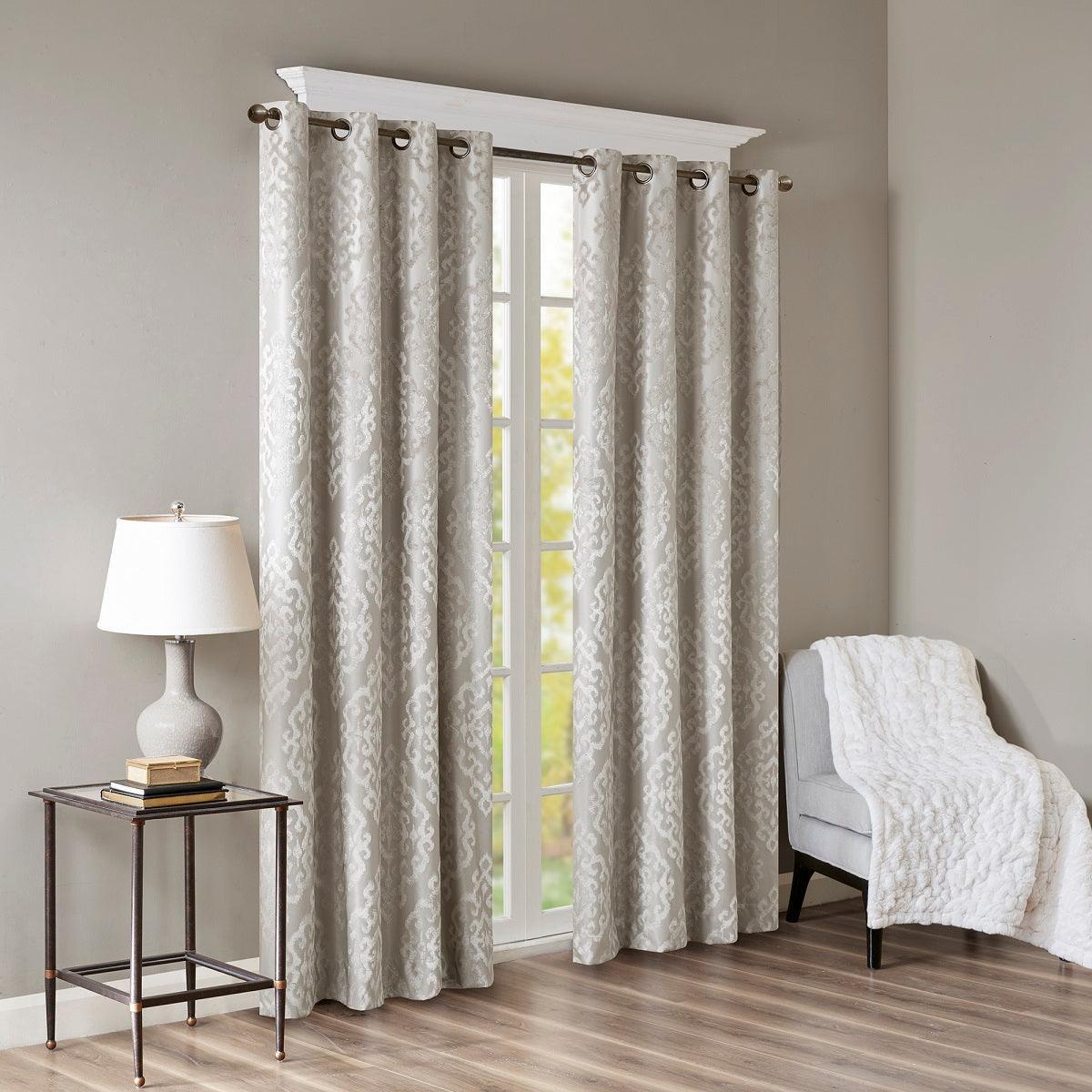 Olliix.com Curtains - Mirage 95 H Knitted Jacquard Damask Total Blackout Grommet Top Curtain Panel Gray