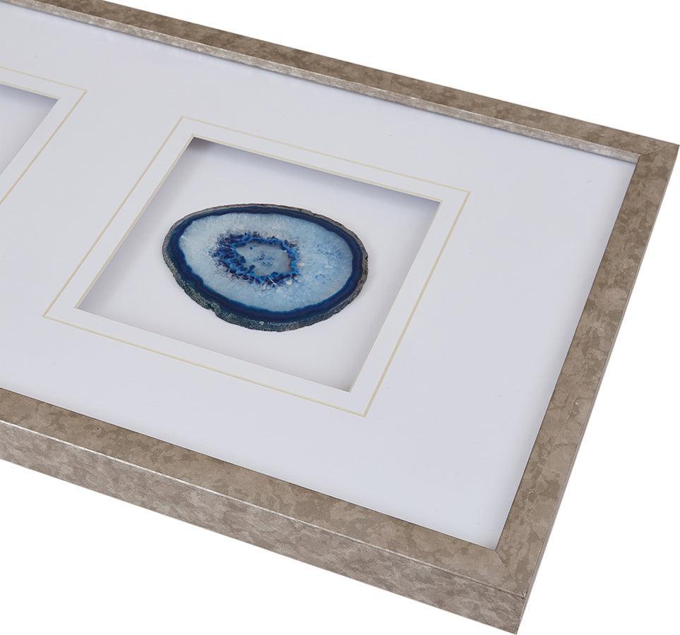 Olliix.com Wall Art - Natural Global Inspired Agate Trio 1 Real Stone Framed Graphic (4" Agate) 34x13x1.25" Blue