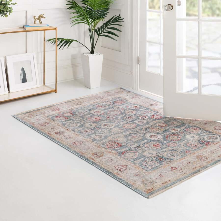 Unique Loom Indoor Rugs - Noble Floral 9x12 Blue & Beige